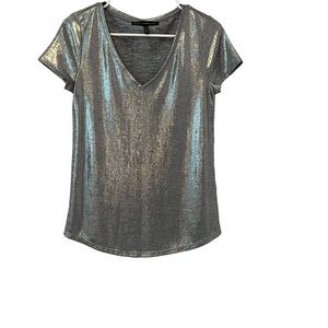 White House Black Market Silver Shiny V-neck T-shirt